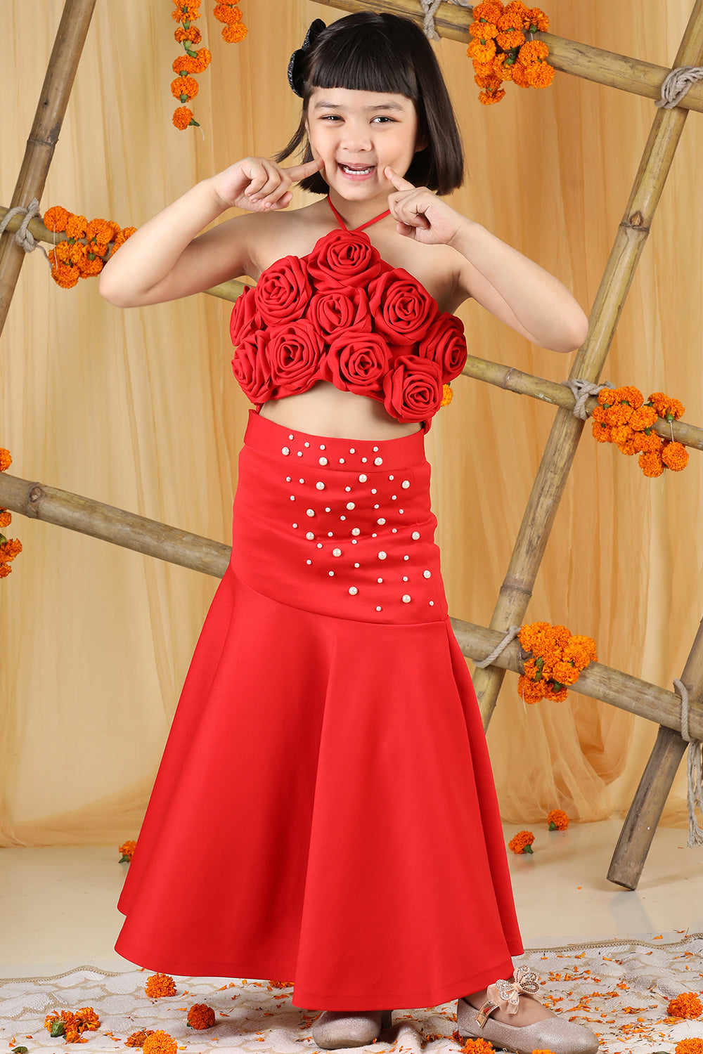 Red Pearl Embellishment Lehenga