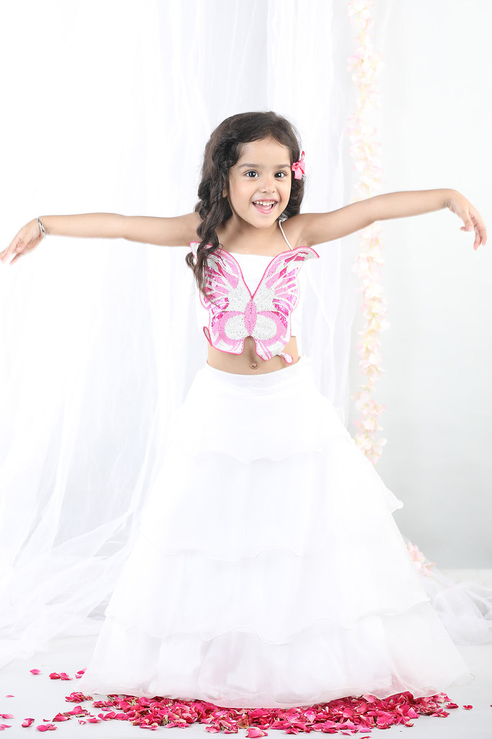 White 3D Butterfly Top With Layered Lehenga