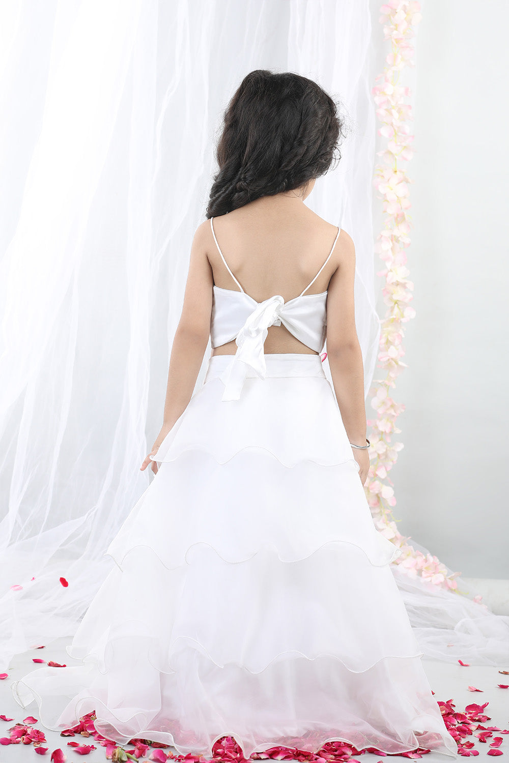 White 3D Butterfly Top With Layered Lehenga