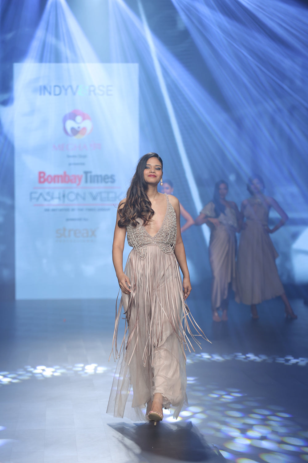 Taupe Jumpsuit Embellished with Pearl Strings and Tasseled Cords