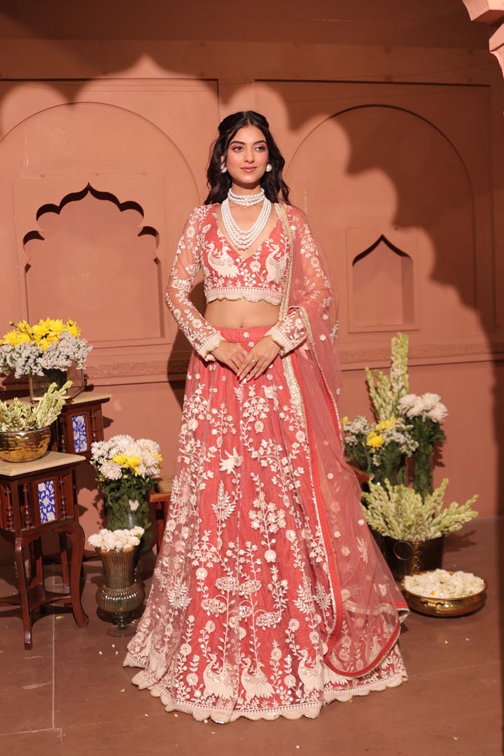 Rose Blush Embroidered Peacock Lehenga Set
