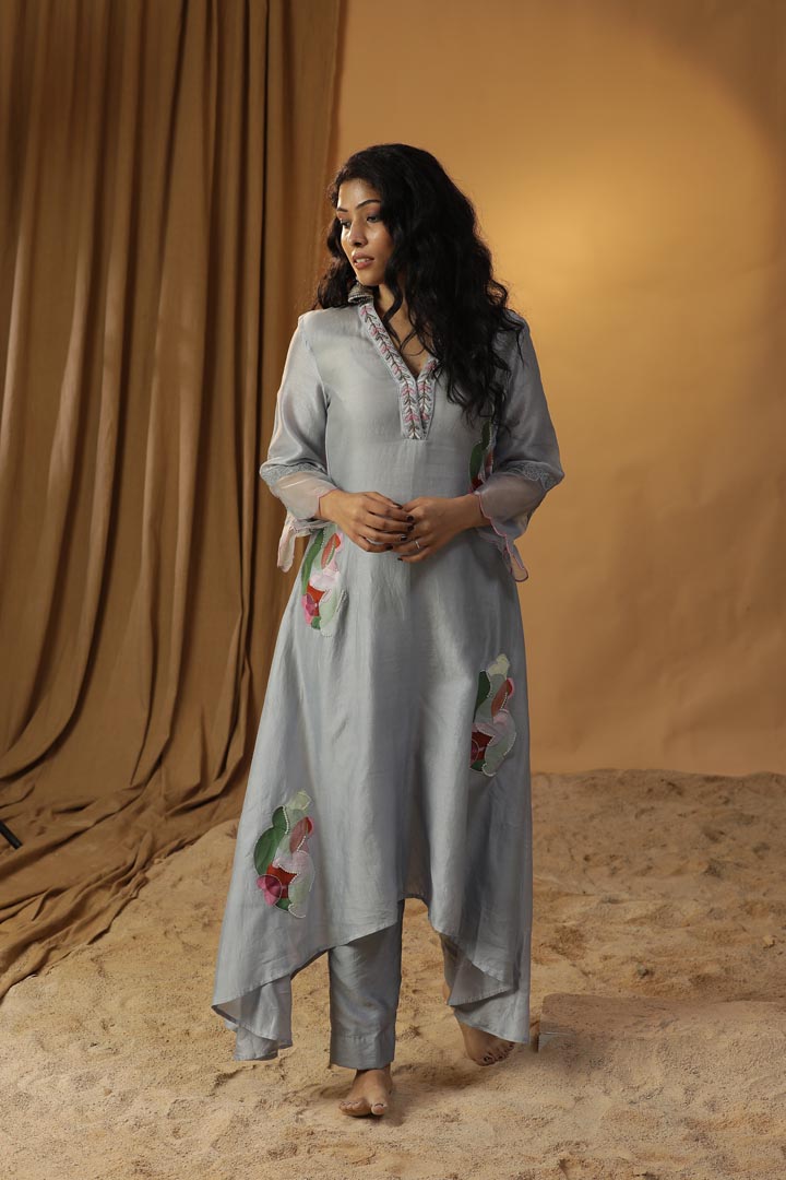 Image of ICE BLUE HANDPAINTED A-LINE KURTA SET