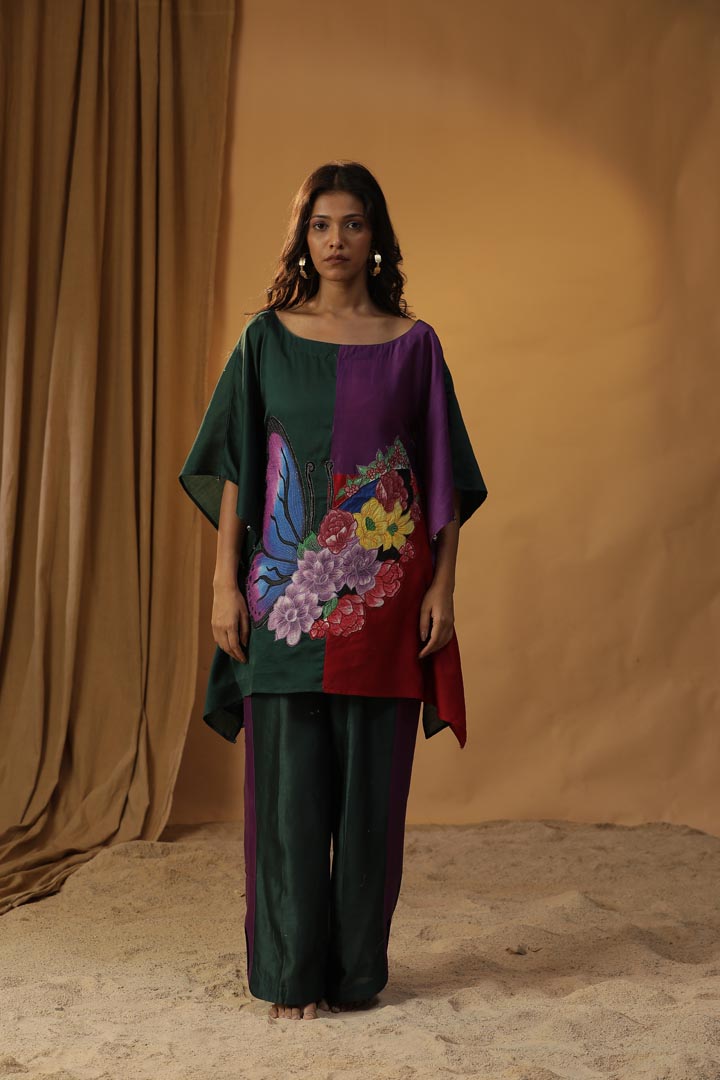 Image of GREEN BUTTERFLY BLOCK PRINT KAFTAN CO-ORD SET