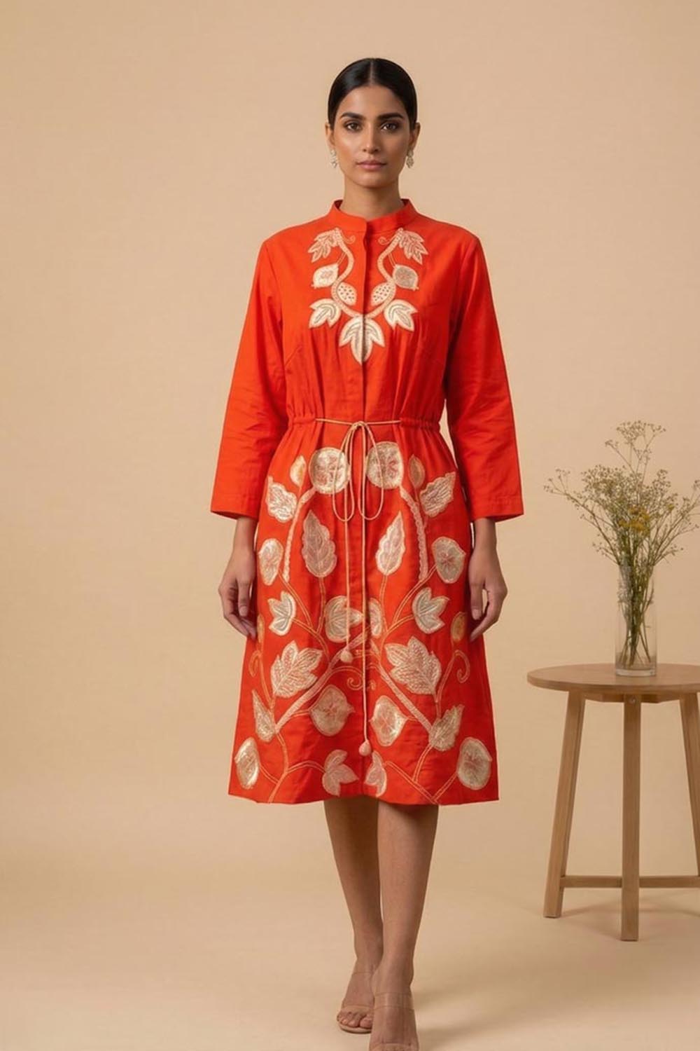 THETAA Iraaya - Embroidered vermilion shirt dress
