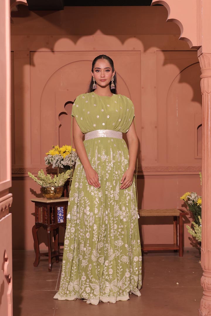 Pista Green Floral Embroidered Georgette Anarkali