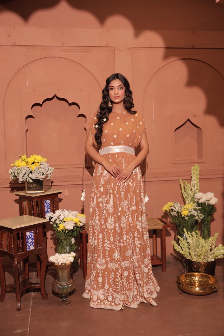Mocha Blossom Embroidered Georgette Saree Set