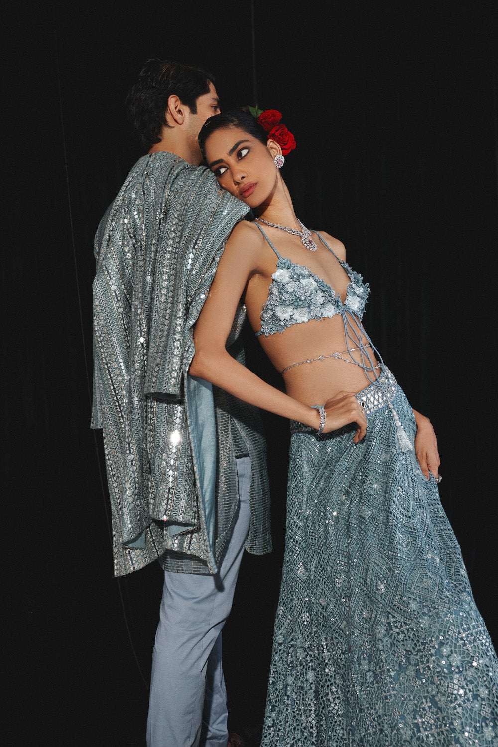 POWDER BLUE GEOMETRICAL MIRROR WORK JACKET WITH BANARASI TISSUE KURTA & PANTS