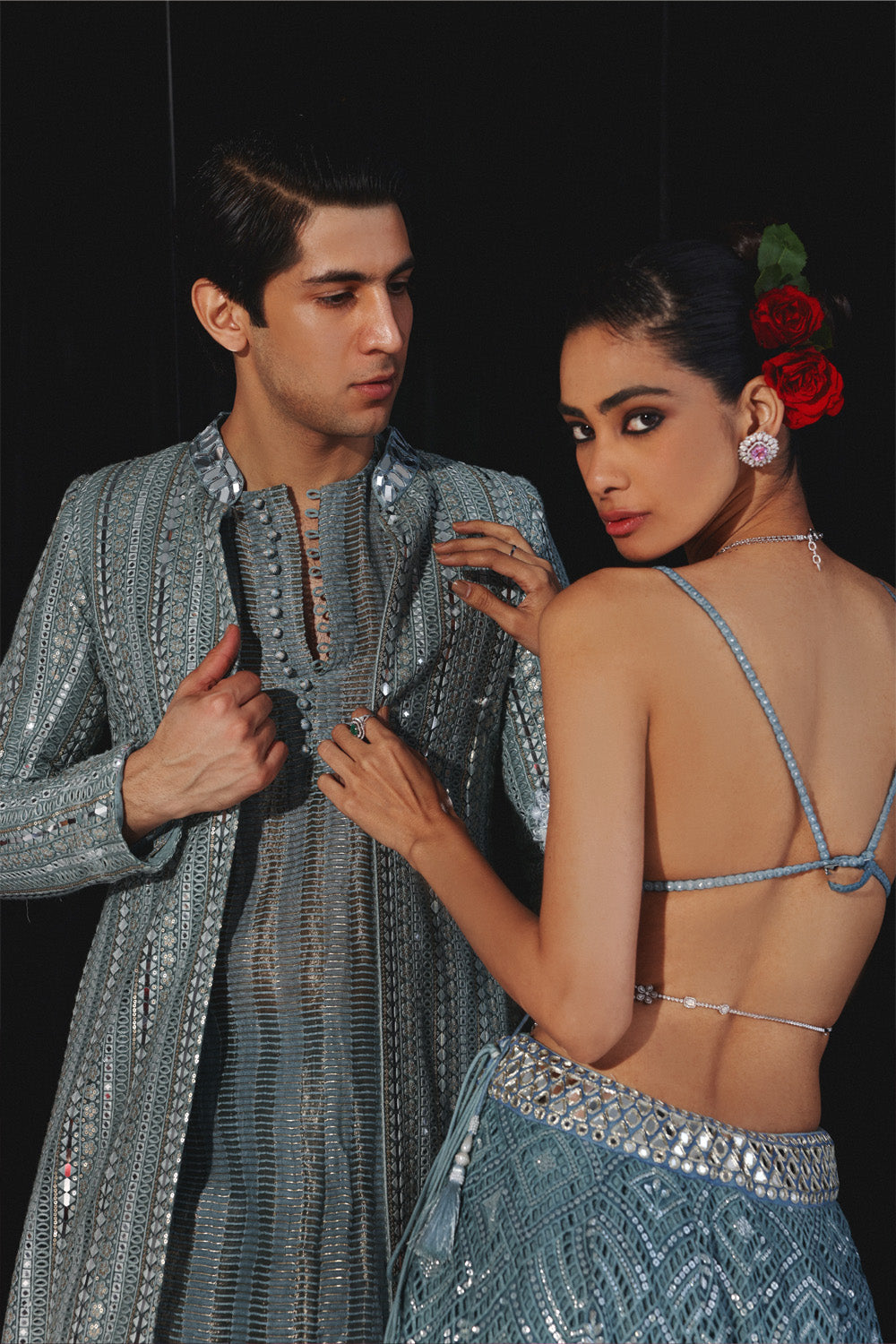 POWDER BLUE GEOMETRICAL MIRROR WORK JACKET WITH BANARASI TISSUE KURTA & PANTS