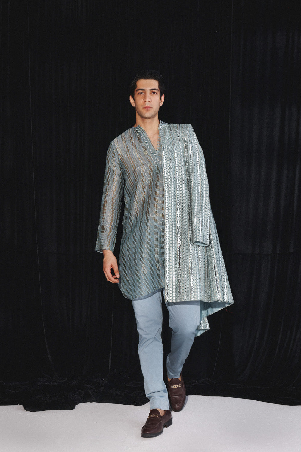 POWDER BLUE GEOMETRICAL MIRROR WORK JACKET WITH BANARASI TISSUE KURTA & PANTS