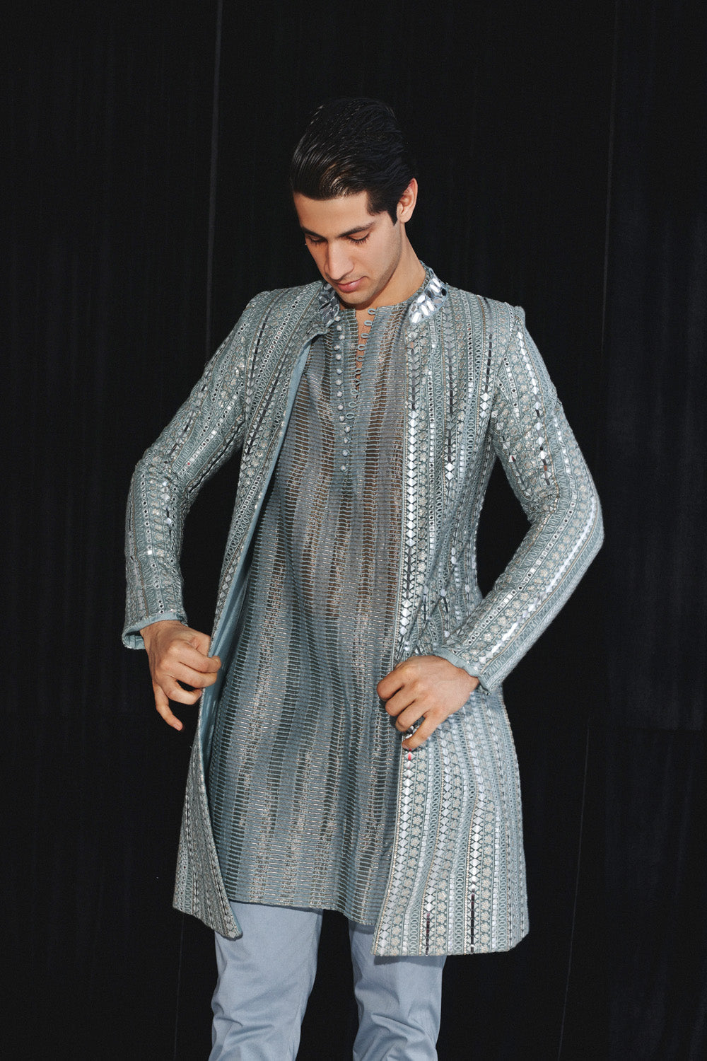 POWDER BLUE GEOMETRICAL MIRROR WORK JACKET WITH BANARASI TISSUE KURTA & PANTS