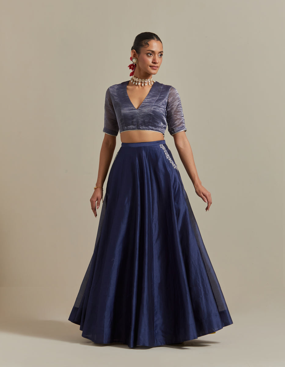  CY Vinusto Embroidered Blue Chanderi Skirt Set Front 2