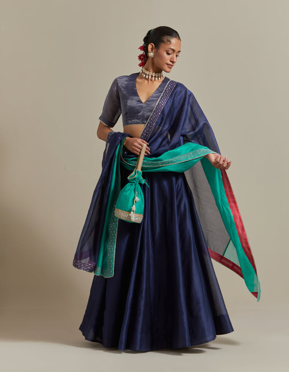  CY Vinusto Embroidered Blue Chanderi Skirt Set Front 1