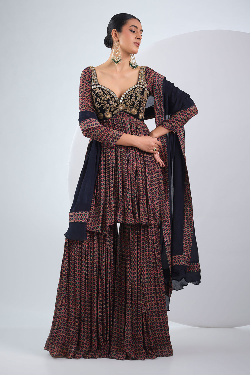 Black chinon silkanarkali sharara set