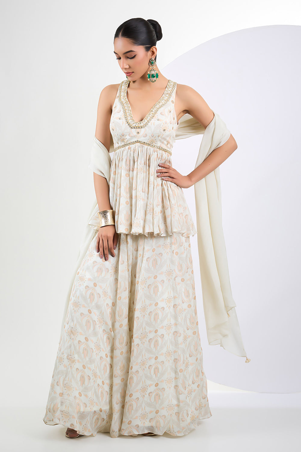 Printed chinon chiffon ivory sharara set with chinon Dupatta
