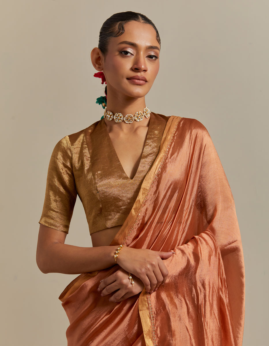  CY Vinusto Saffron Brown Silk Saree Set Closeup 1