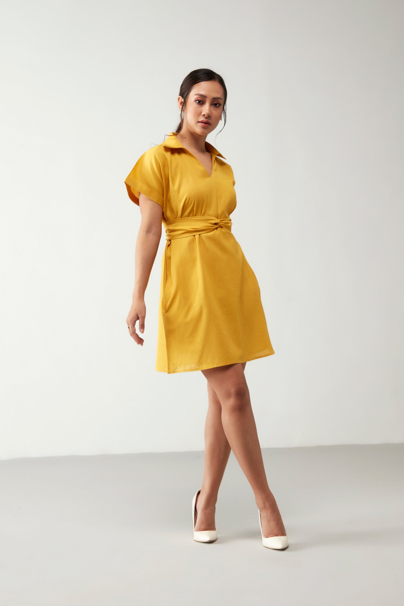 Yellow Cinched With Belt Dress