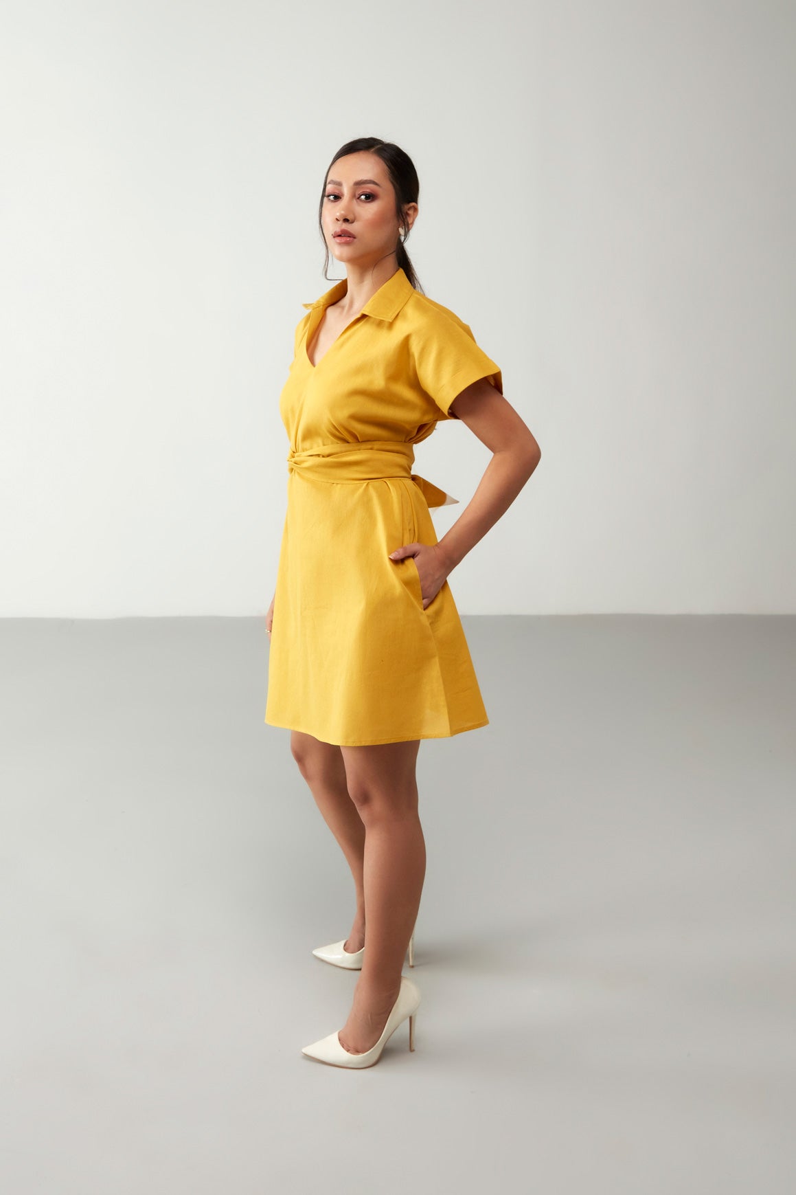 Yellow Cinched With Belt Dress