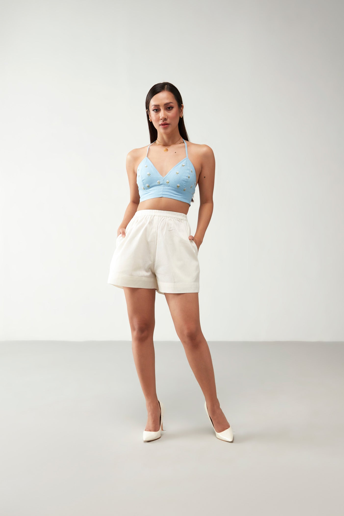 Blue & Off white Short style Cotton Co-Ord Set