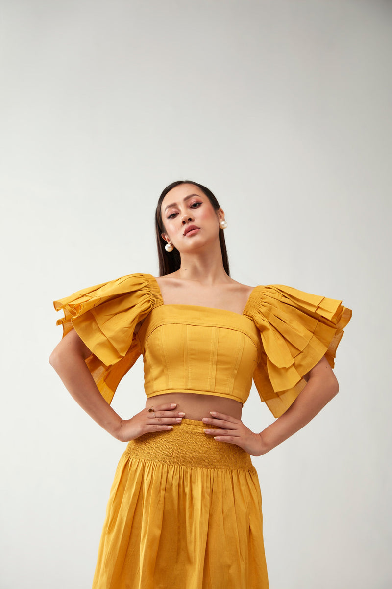 Yellow Raffles Top Yellow Ruffle Crop Top Cotton Co-Ord Set