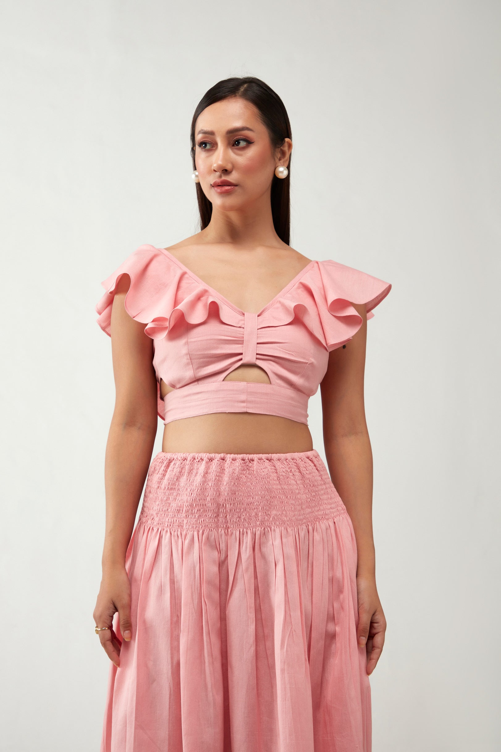 Pink Ruffle Crop Top Cotton Co-Ord Set