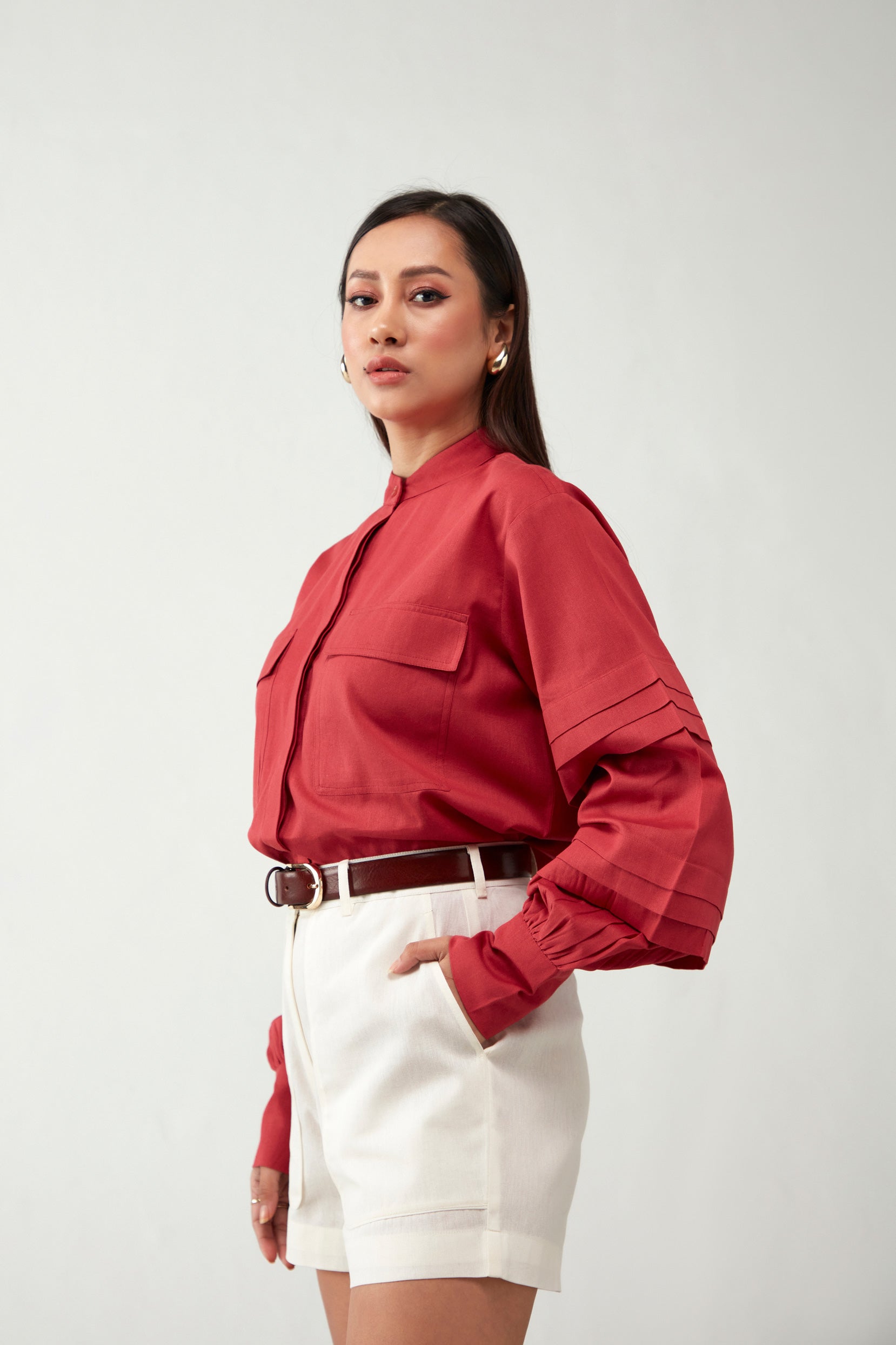 Red Antifit Pleated sleeve Cotton Shirt
