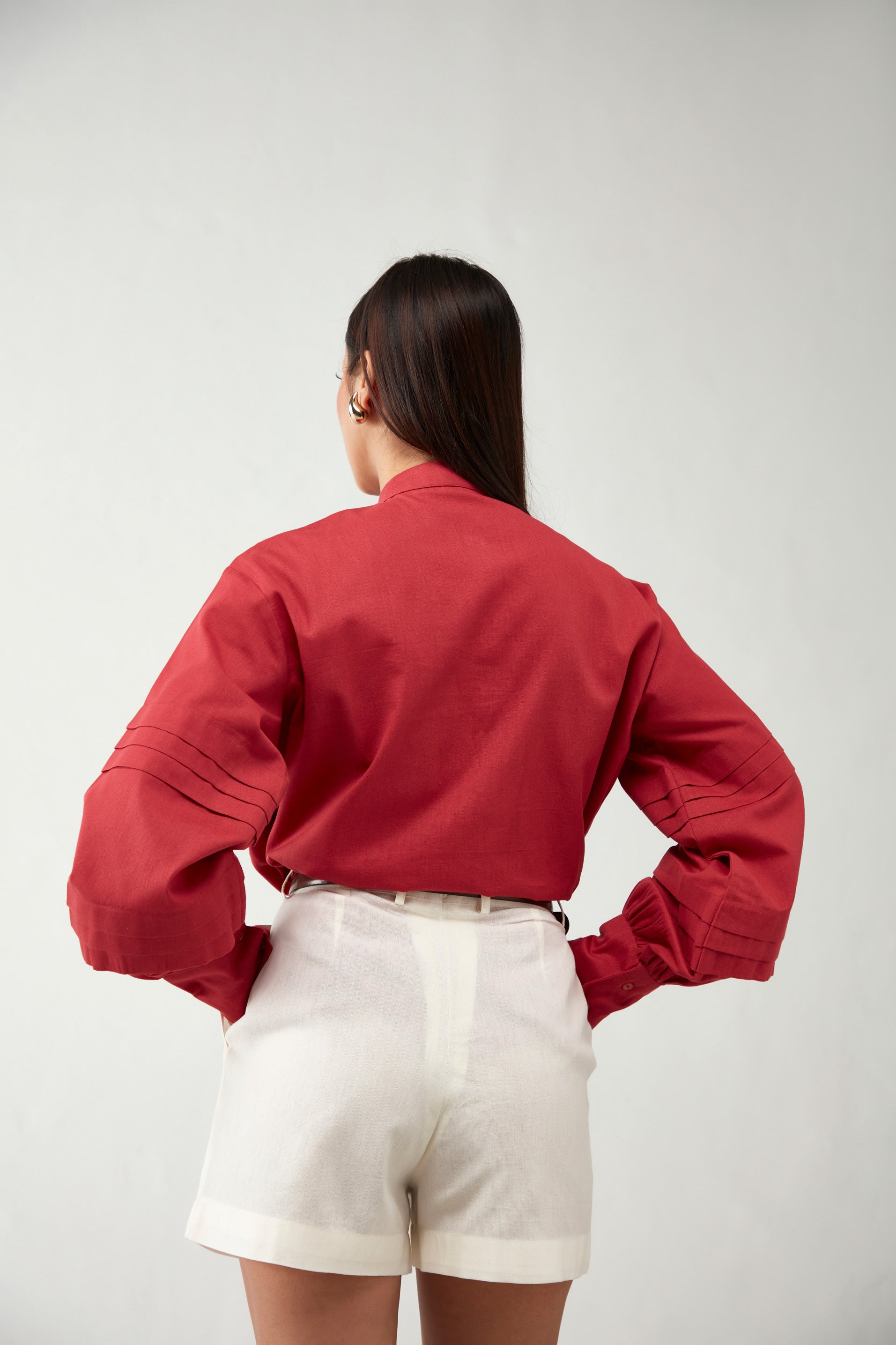 Red Antifit Pleated sleeve Cotton Shirt