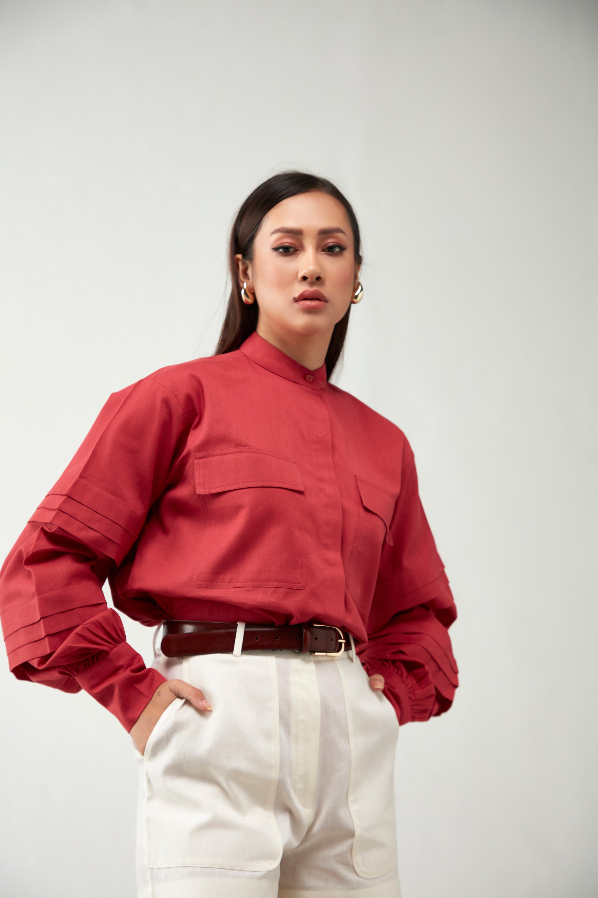 Red Antifit Pleated sleeve Cotton Shirt