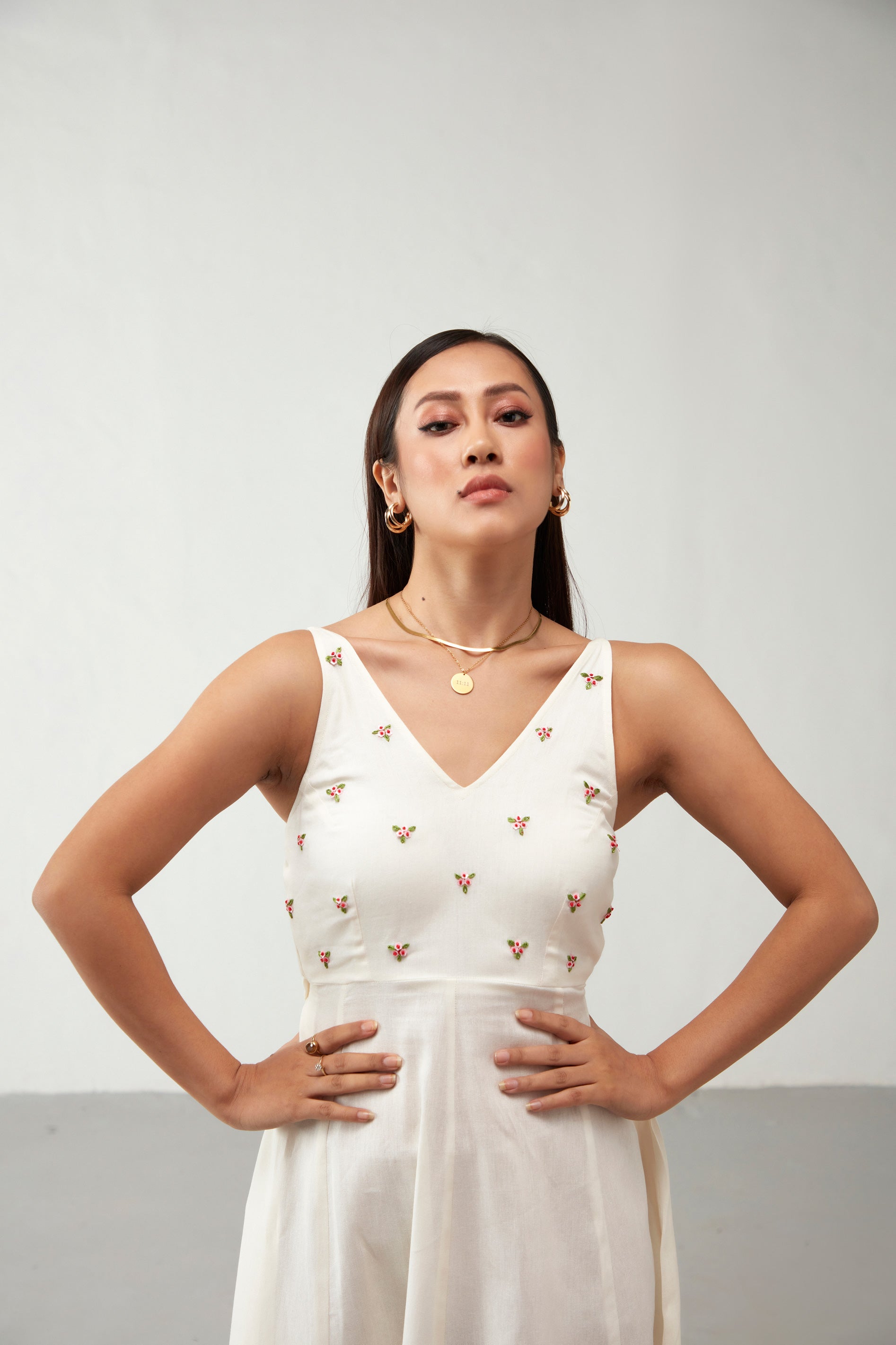 Off White Floral Details Cotton Dress