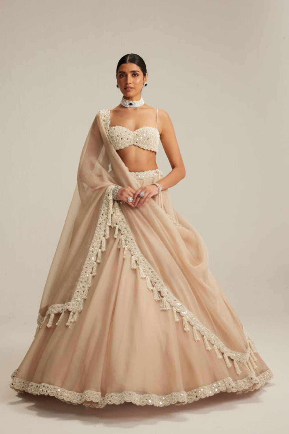 Light Beige Organza mirror and pearl lehenga set