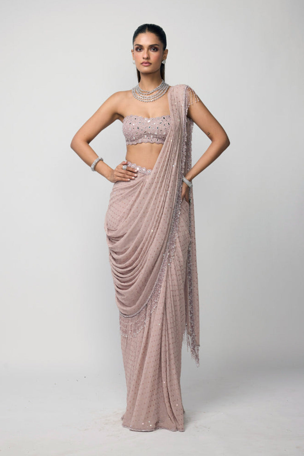 Ash Pink Drapded Saree Set