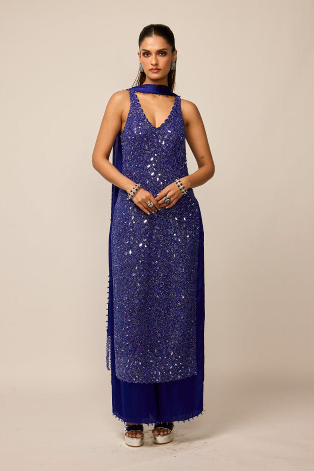 Cocktail Blue V Neck Kurta Set