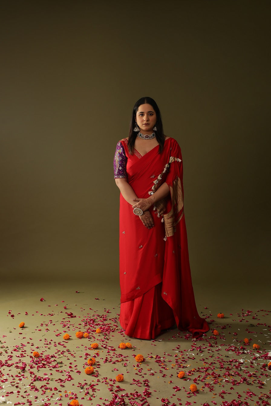 Red Pre Stitched Handpainted Saree set