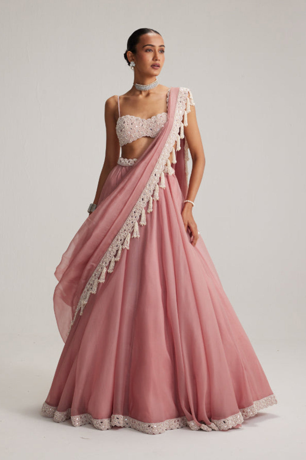Dusty Rose Organza mirror and pearl lehenga set