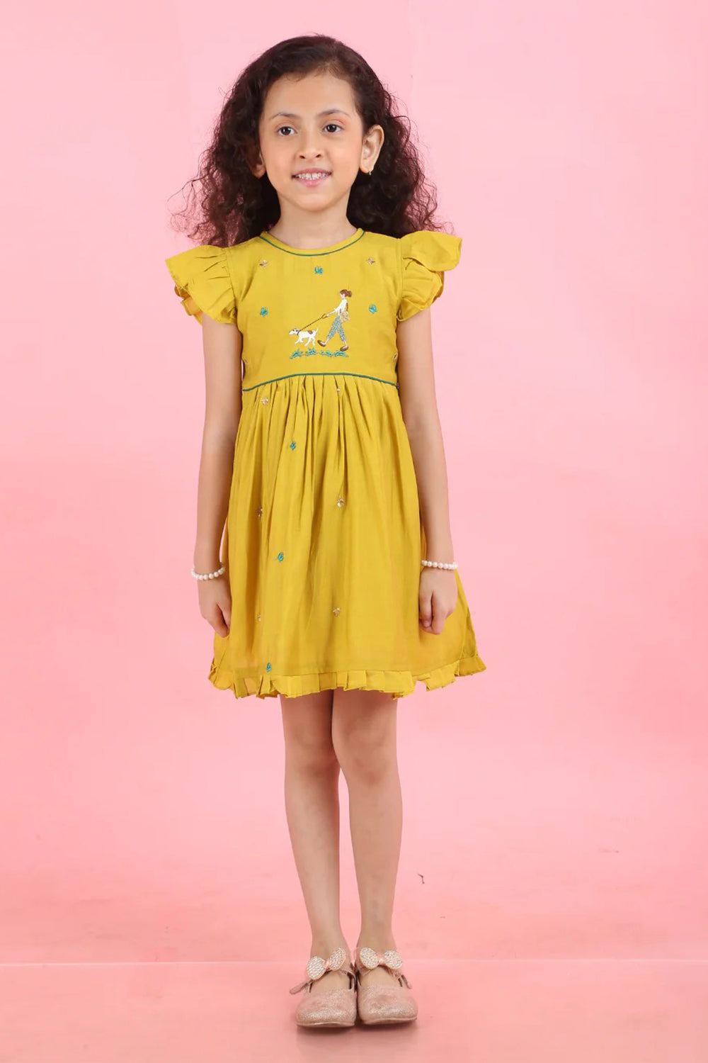 MUSTARD YELLOW GIRL MOTIF DRESS
