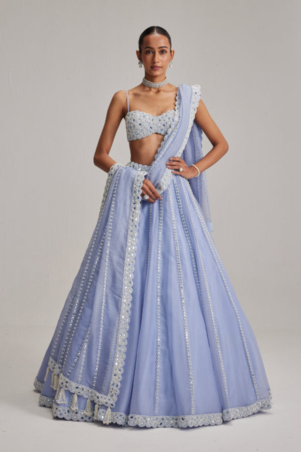 Dew Blue linear Mirror Organza Lehenga Set