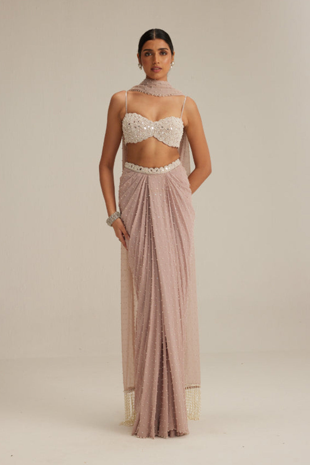 Ash pink Pearl Scattered draped skirt set