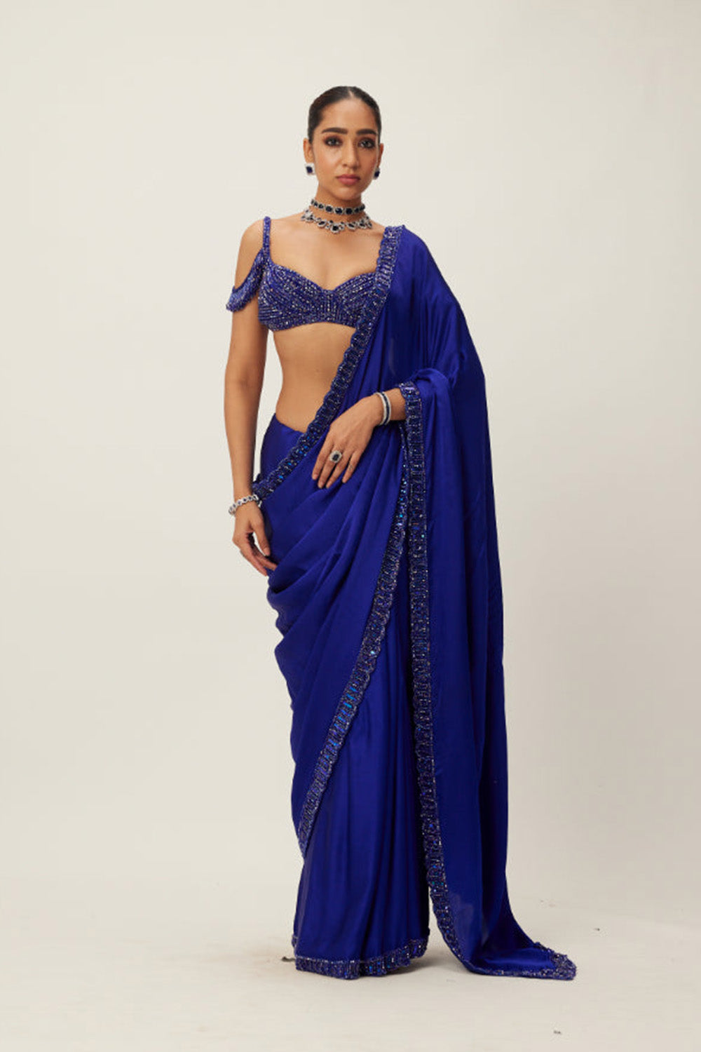 Cocktail Blue Satin Saree Set