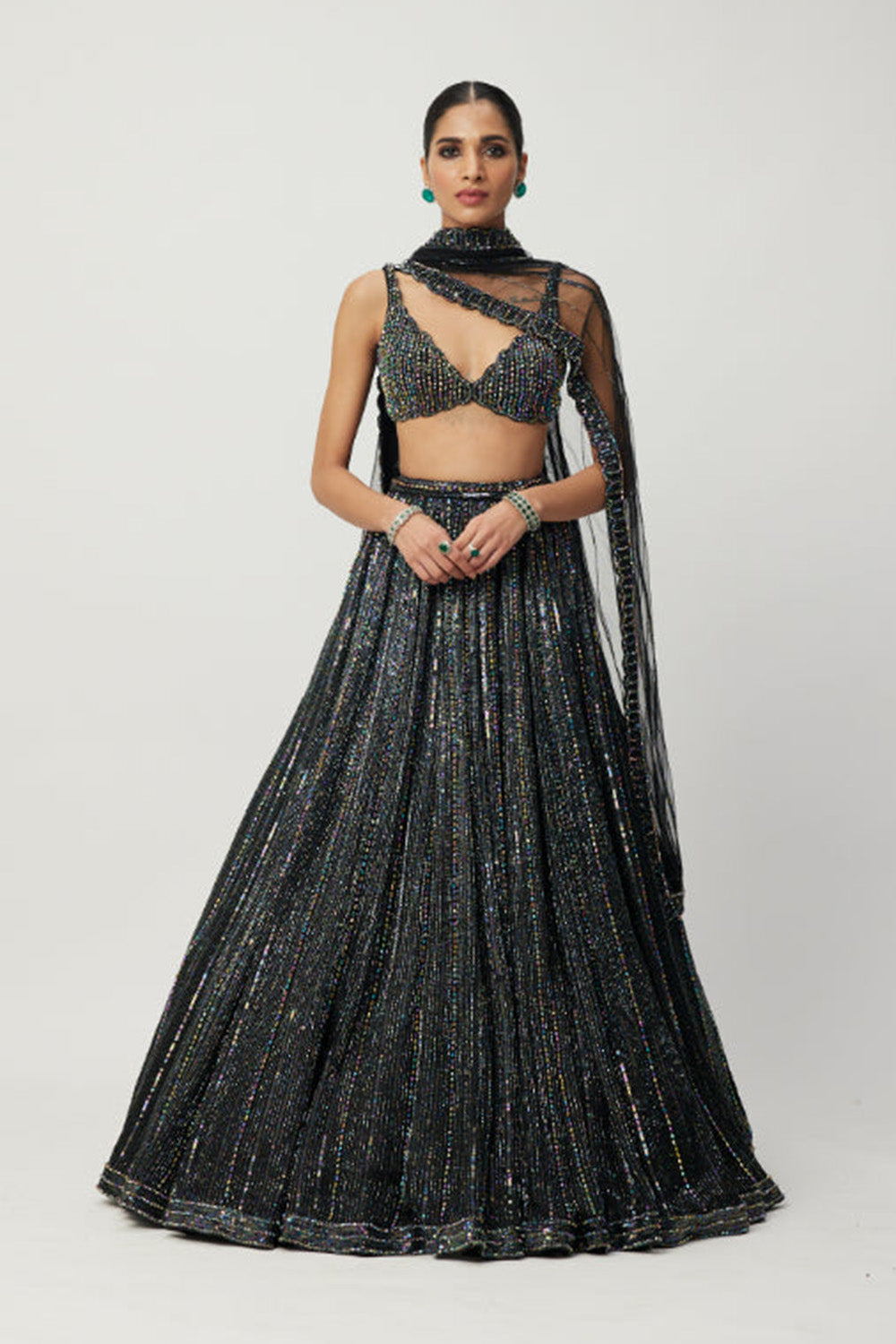 Black crystal Linear Embroidered Lehenga Set