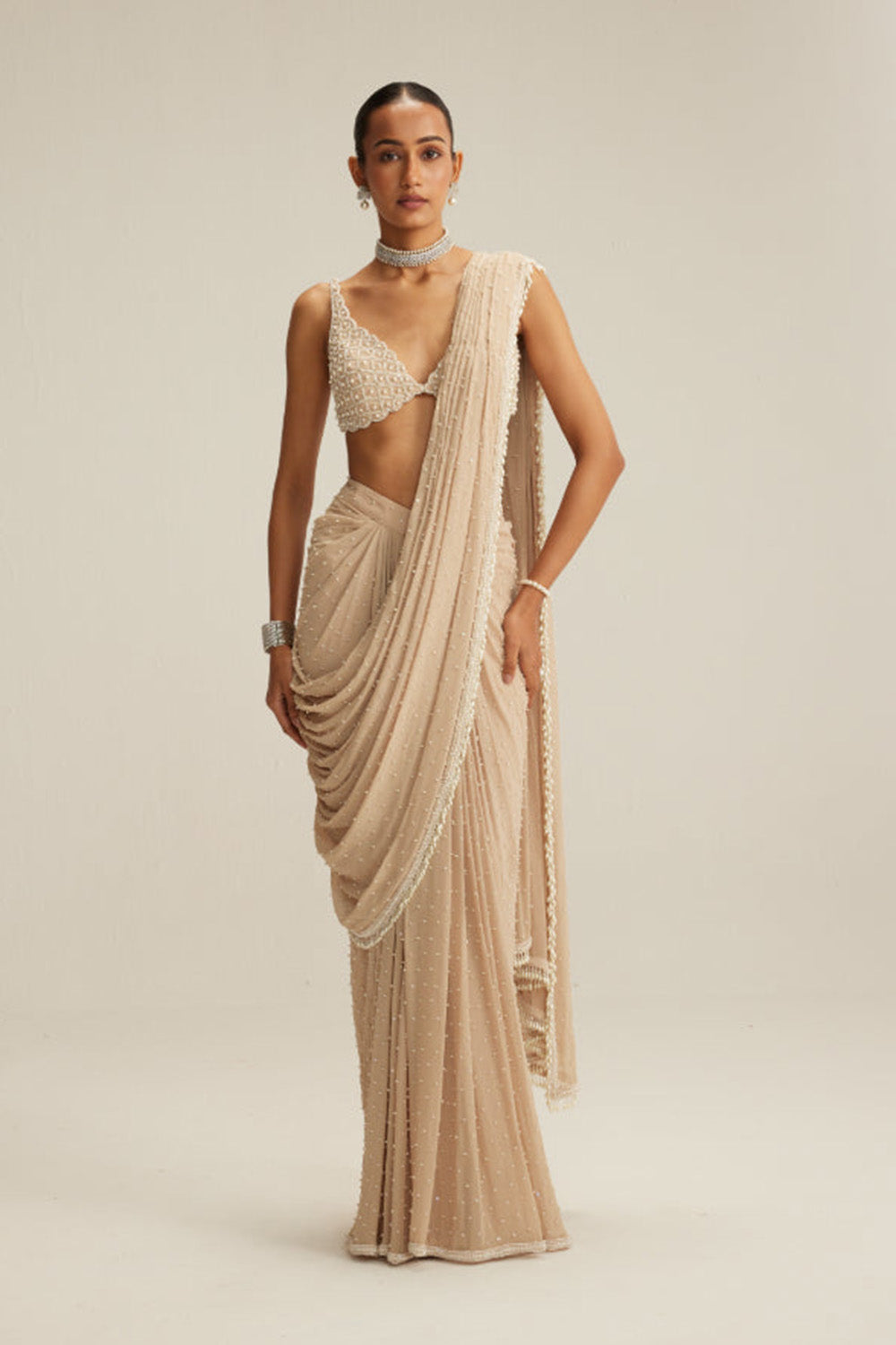 Light Beige Draped Saree Set