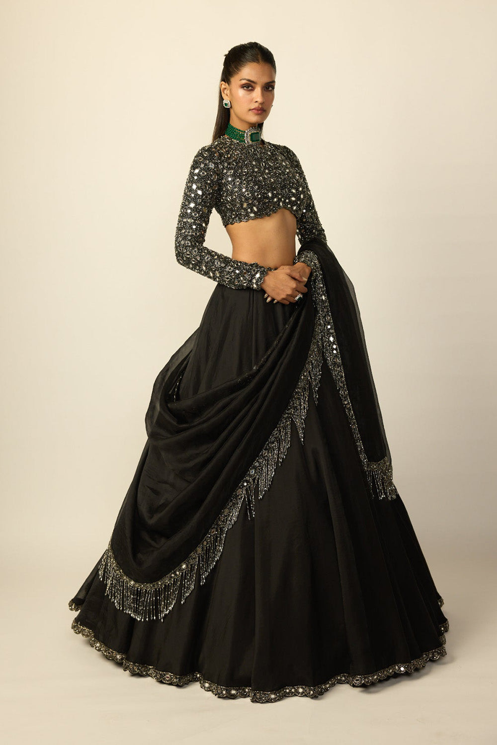 Black Tassel Dupatta Lehenga Set