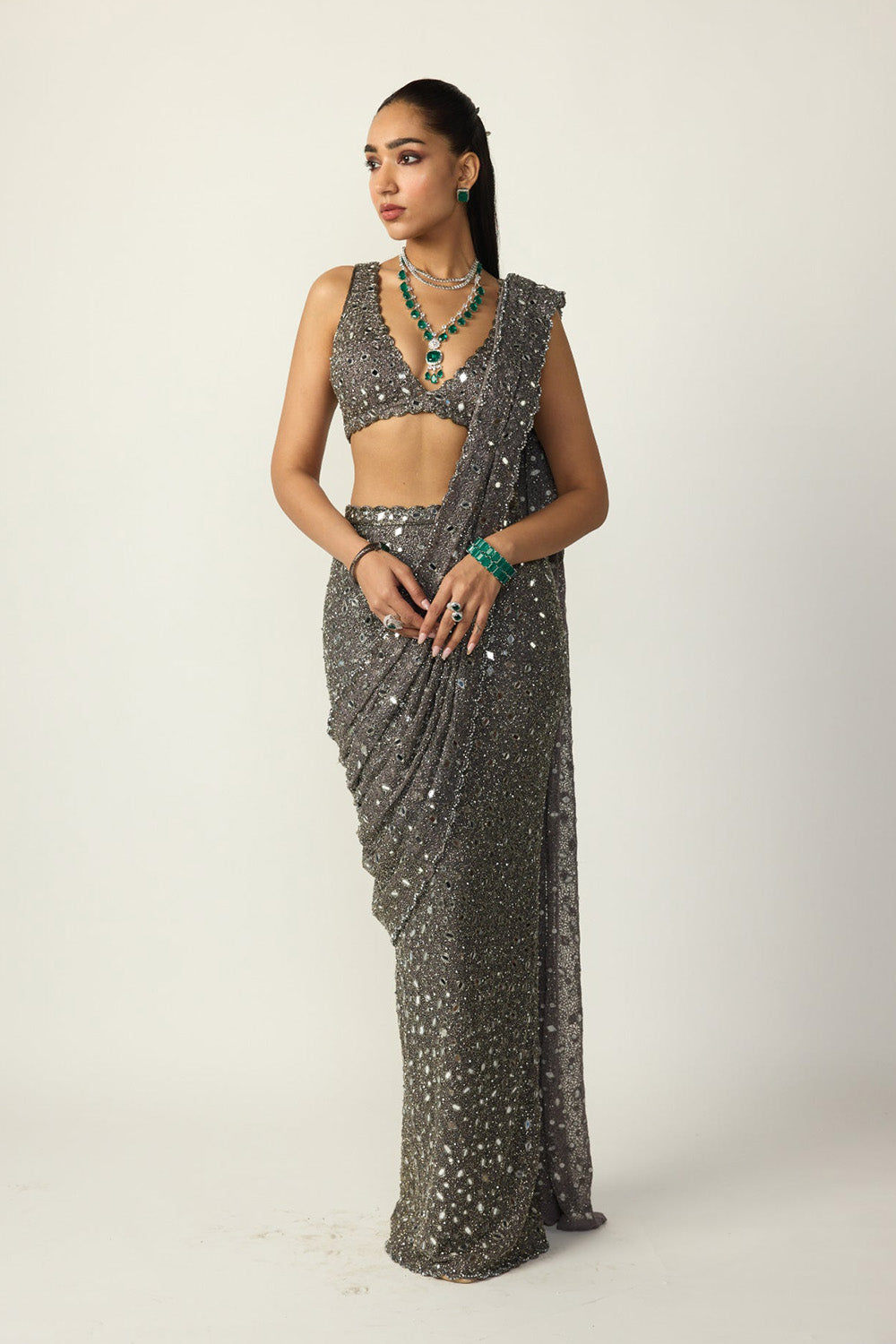 Metallic Grey Draped Saree Set