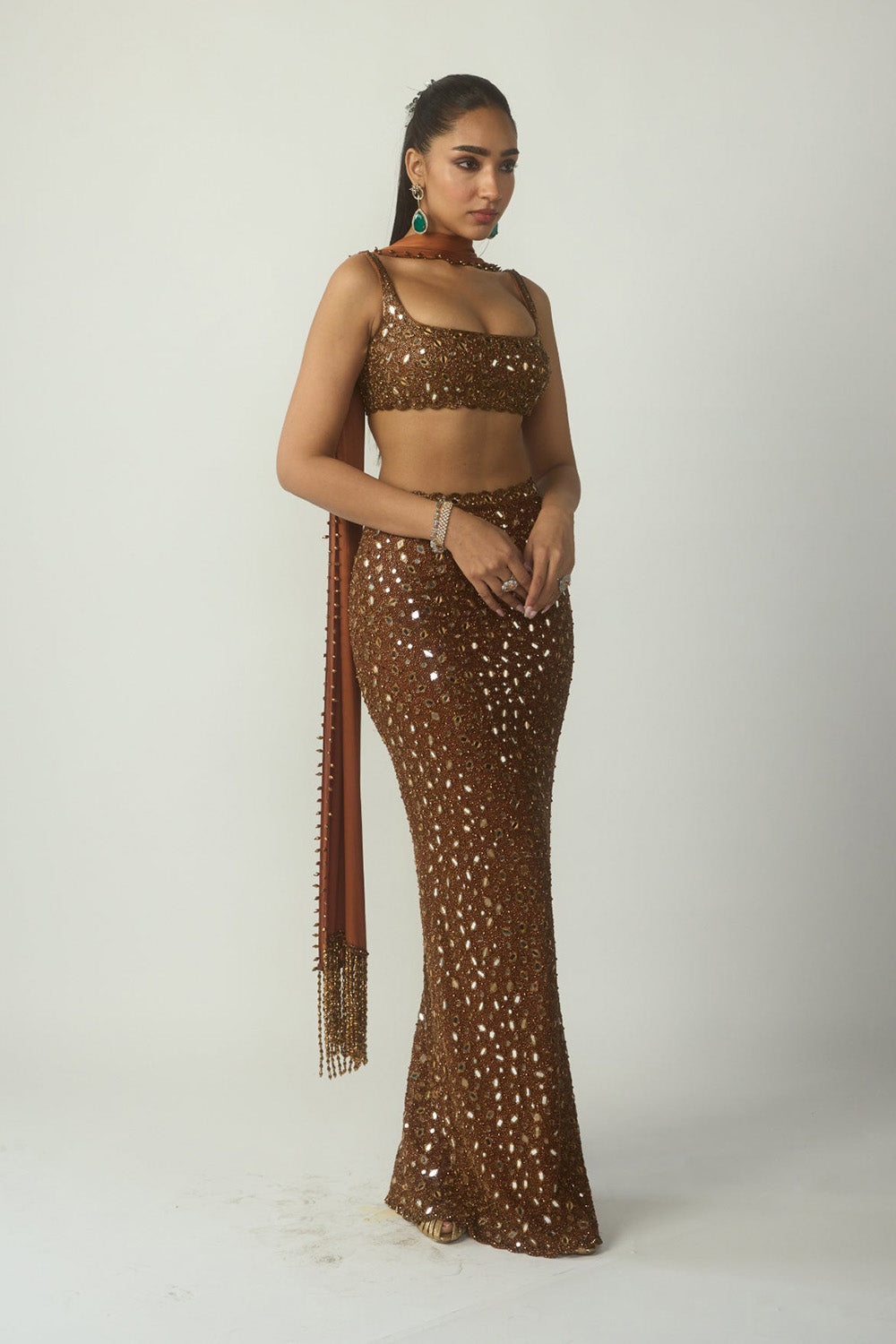 Metallic Copper Pencil Skirt Set
