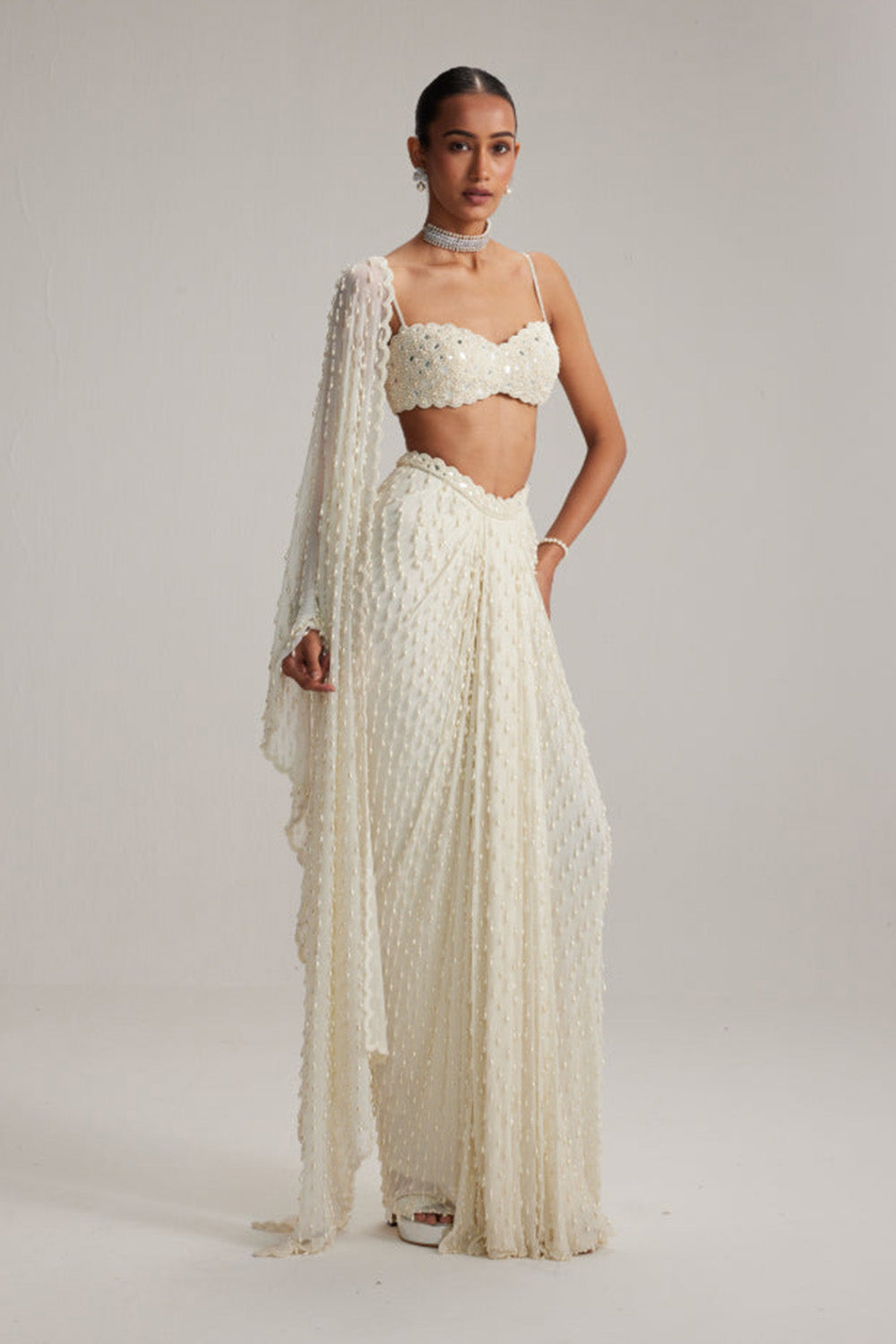 Pearl White Dense Drop Draped Skirt set