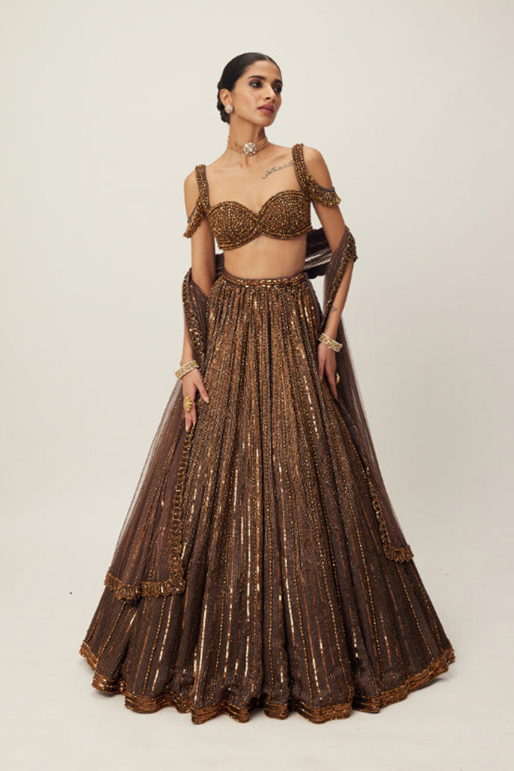 Copper crystal Linear embroidered Lehenga set