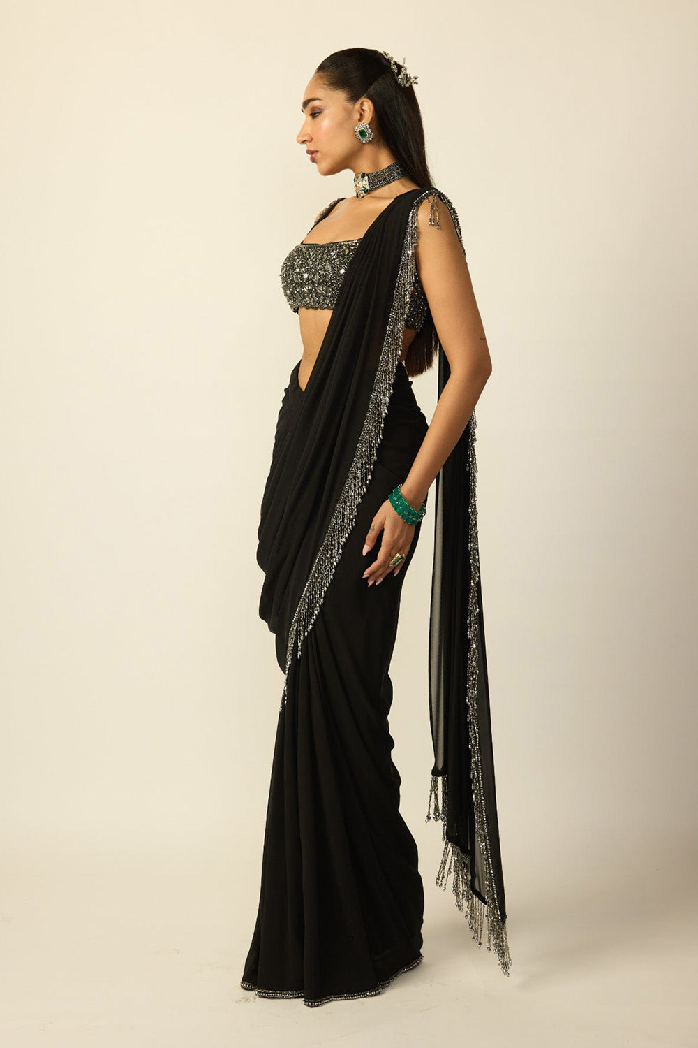 Black Georgette Tassel Saree