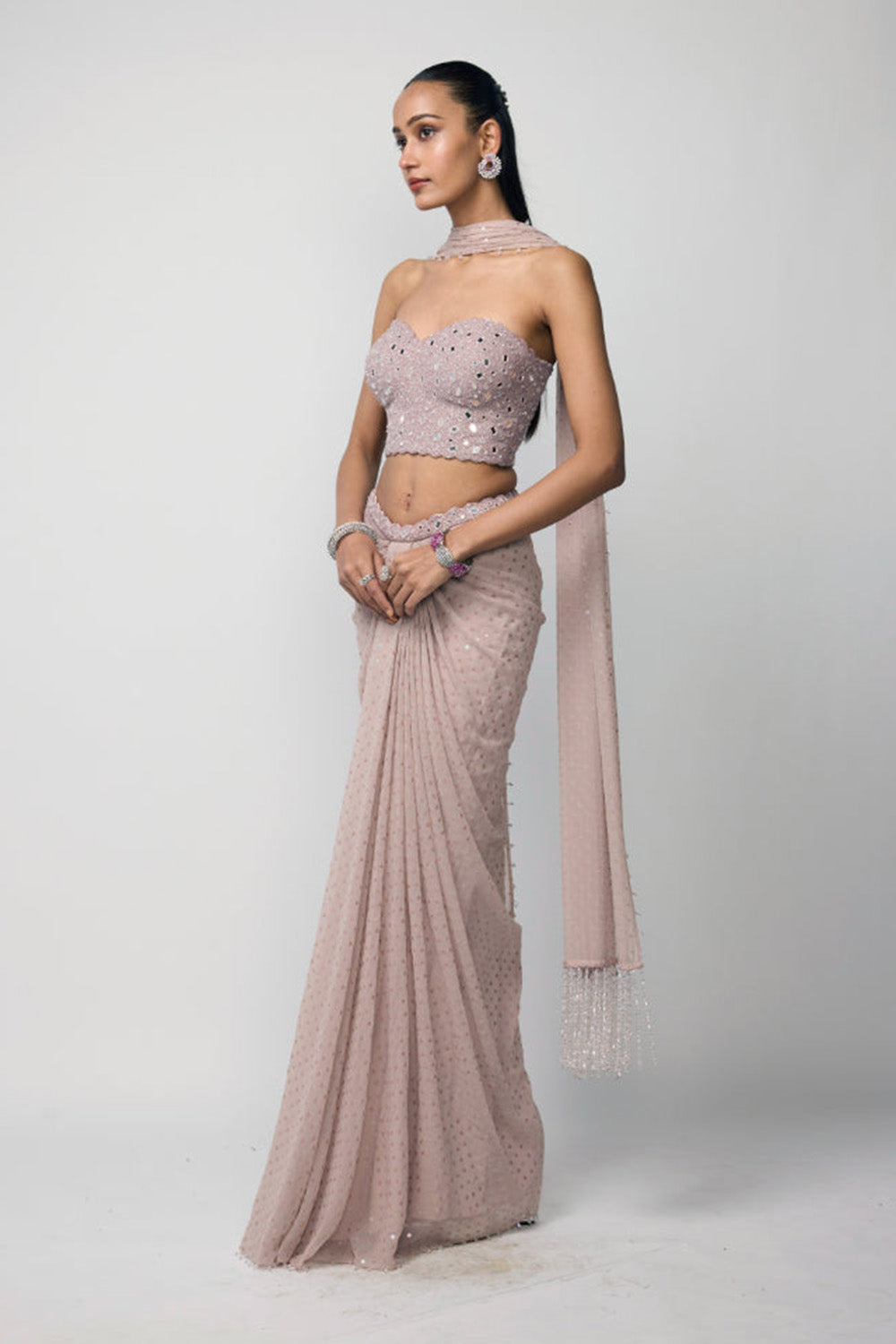 Ash Pink Draped Sequins Embroidered Skirt Set