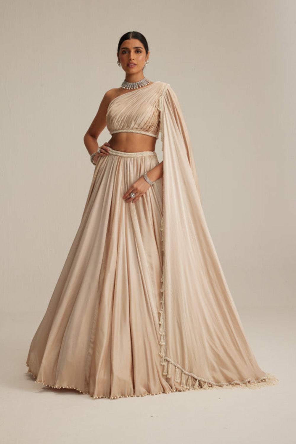 Light Beige Satin Lehenga Set