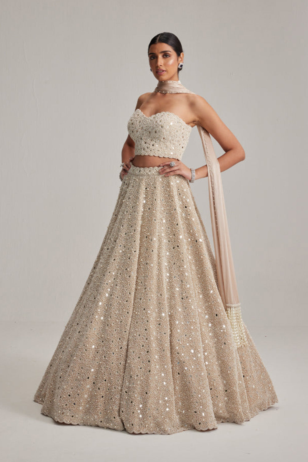 Light Beige mirror and pearl Corset lehenga set With Stole