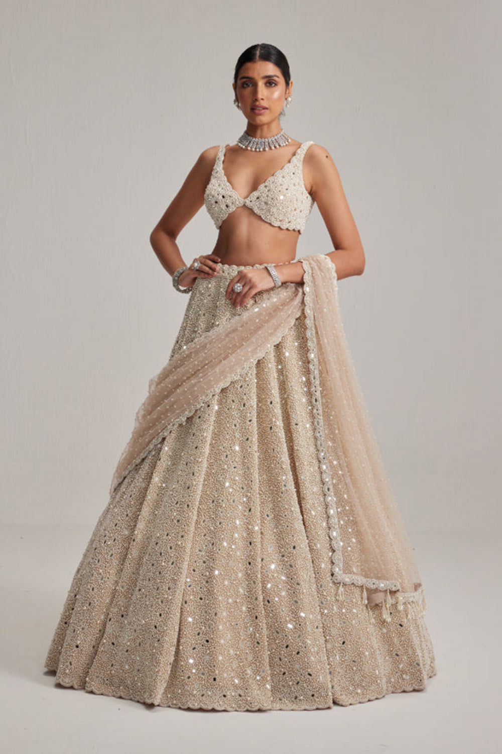 Light Beige Dense mirror and pearl lehenga set
