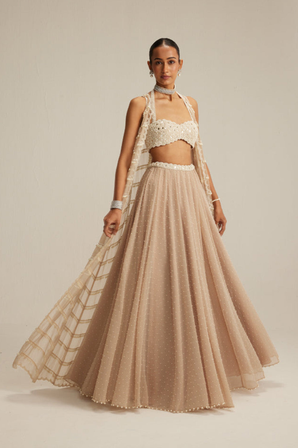 Light Beige Pearl Drop Jacket Set.